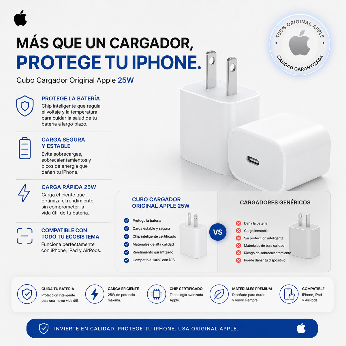 CUBO ORIGINAL CARGADOR IPHONE 25W TIPO C