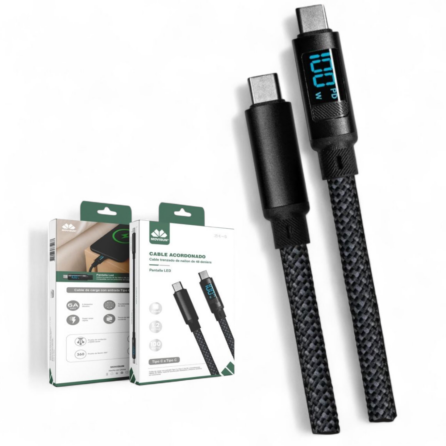 CABLE TIPO C A TIPO C MOVISUN ZK6 – CARGA RÁPIDA 100W CON PANTALLA LED