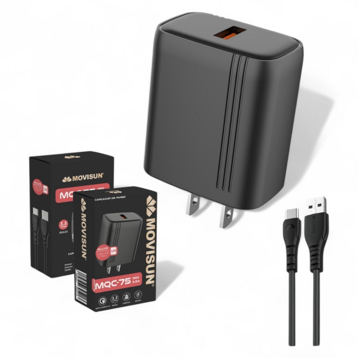CARGADOR MOVISUN MQC-75 18W (3.5A) CON CARGA RÁPIDA QUALCOMM 3.0 Y CABLE TIPO C
